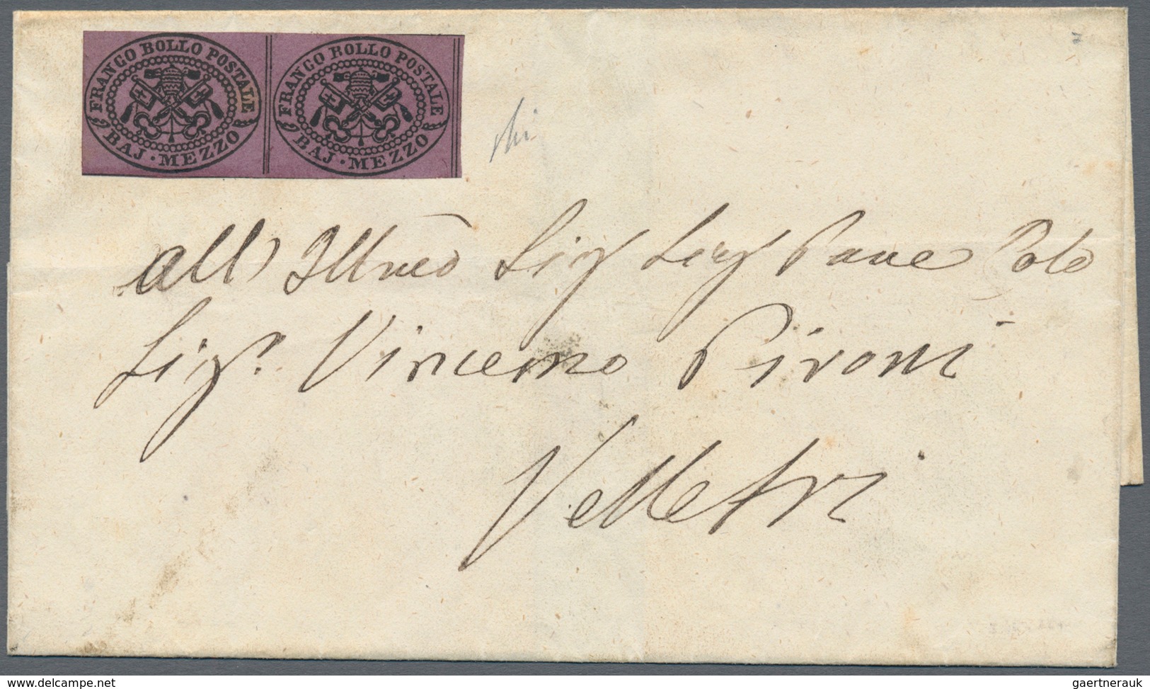 Italien - Altitalienische Staaten: Kirchenstaat: 1852, Horizontal Pair Of 1/2 Bajocco Lilac, Stamps - Papal States