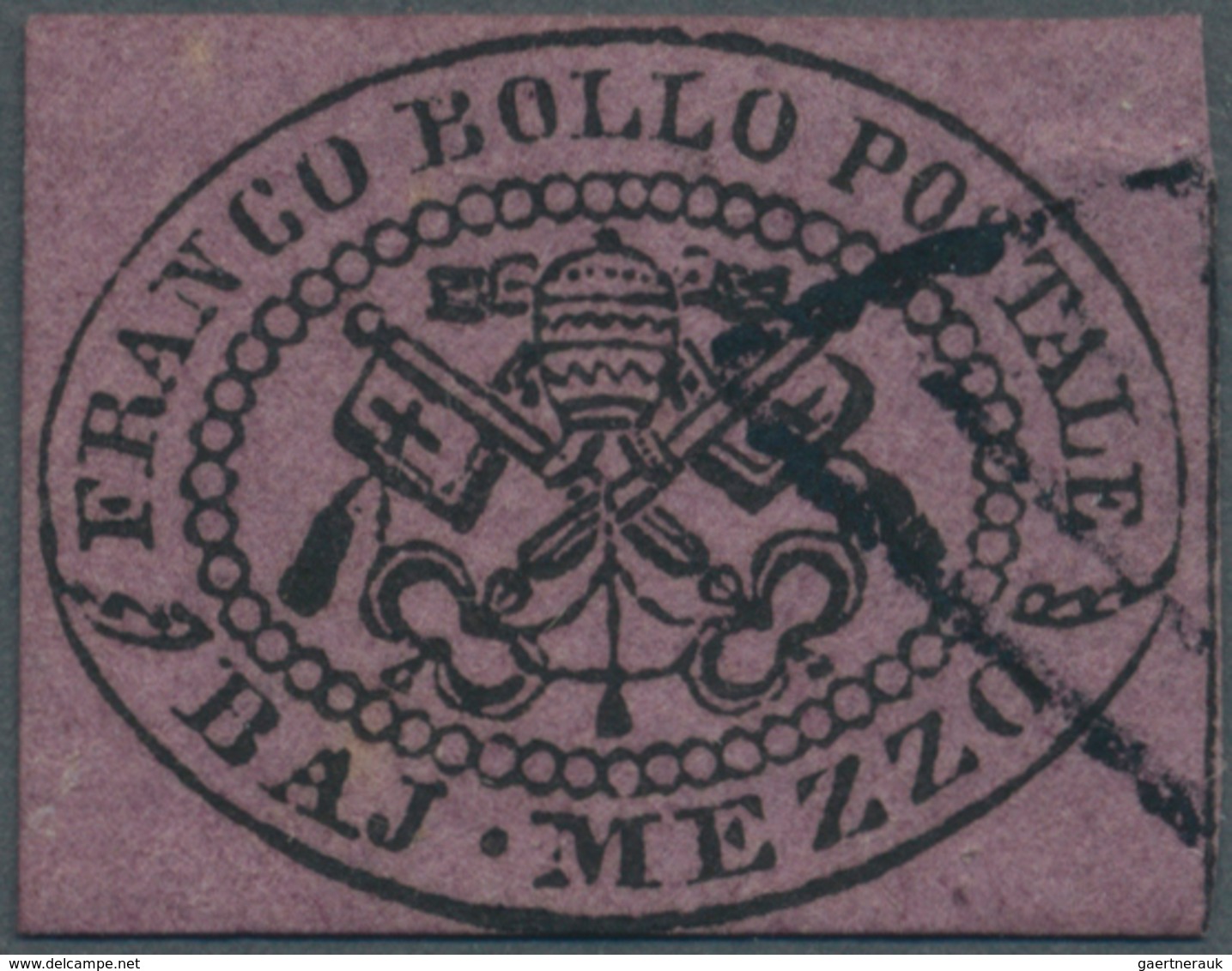 Italien - Altitalienische Staaten: Kirchenstaat: 1852, 1/2 Baj Black On Deep Red-violet, Close Margi - Papal States