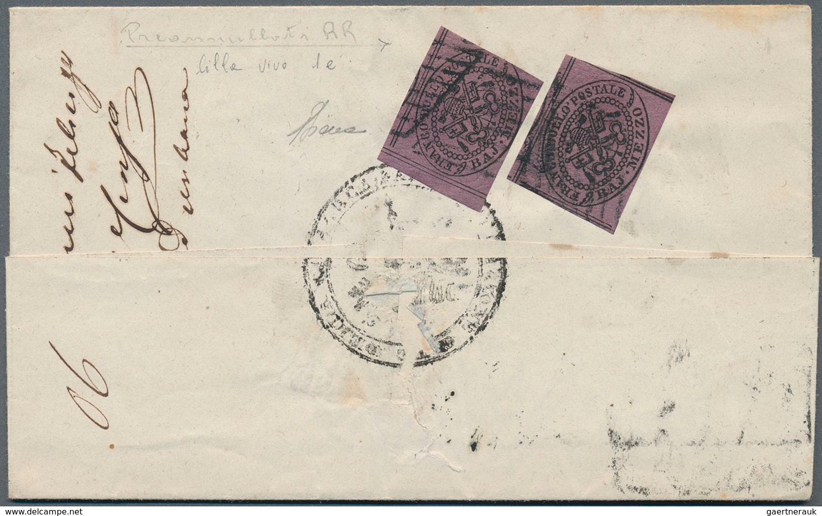 Italien - Altitalienische Staaten: Kirchenstaat: 1852, 2 X 1/2 Baj Black On Deep Violet, Each Stamp - Kerkelijke Staten