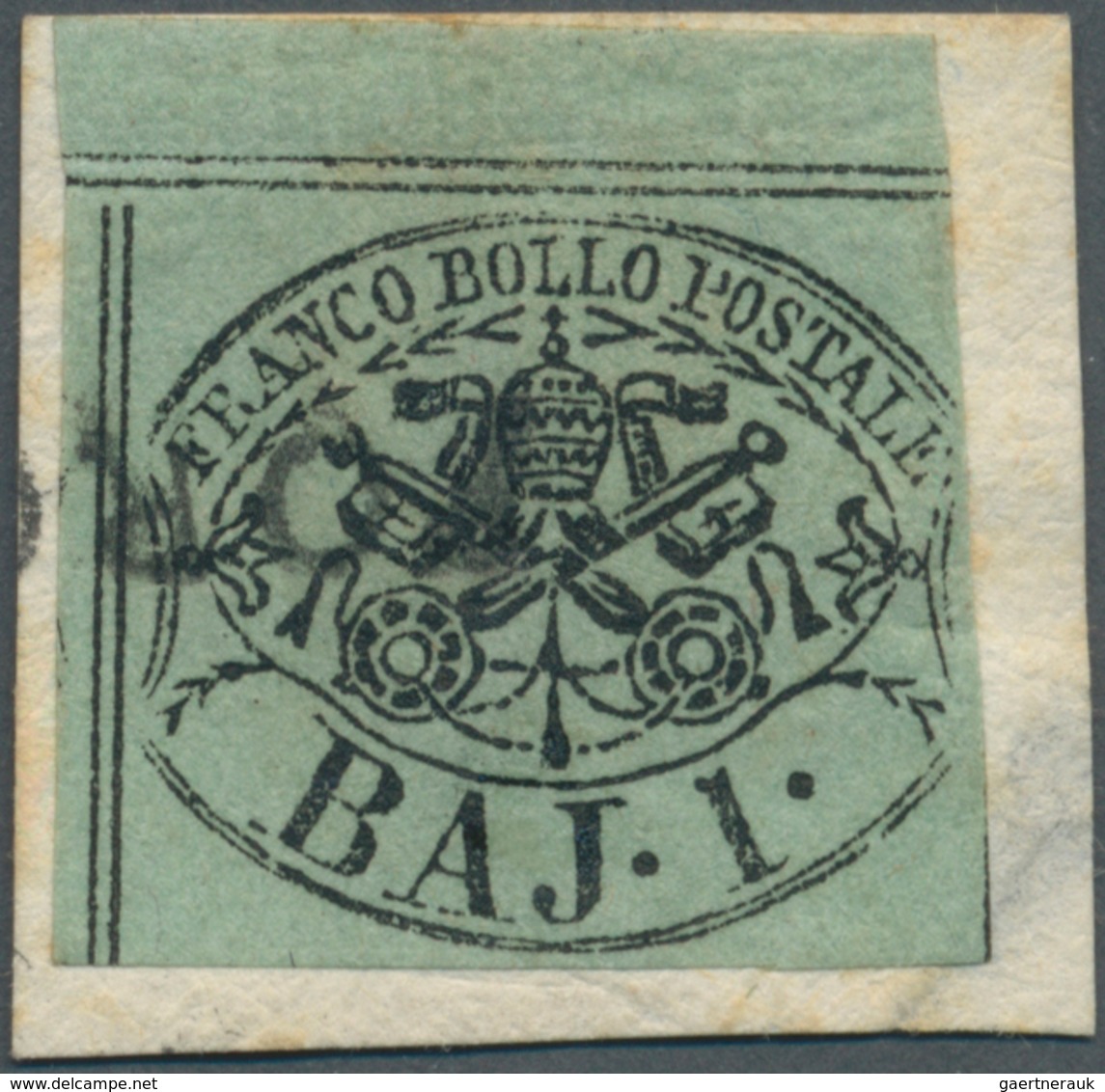 Italien - Altitalienische Staaten: Kirchenstaat: 1852, 1 Baj Black On Green, Stamp From Top Margin, - Kerkelijke Staten