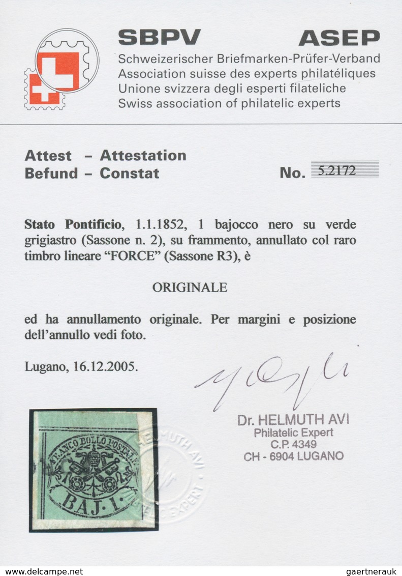 Italien - Altitalienische Staaten: Kirchenstaat: 1852, 1 Baj Black On Green, Stamp From Top Margin, - Papal States