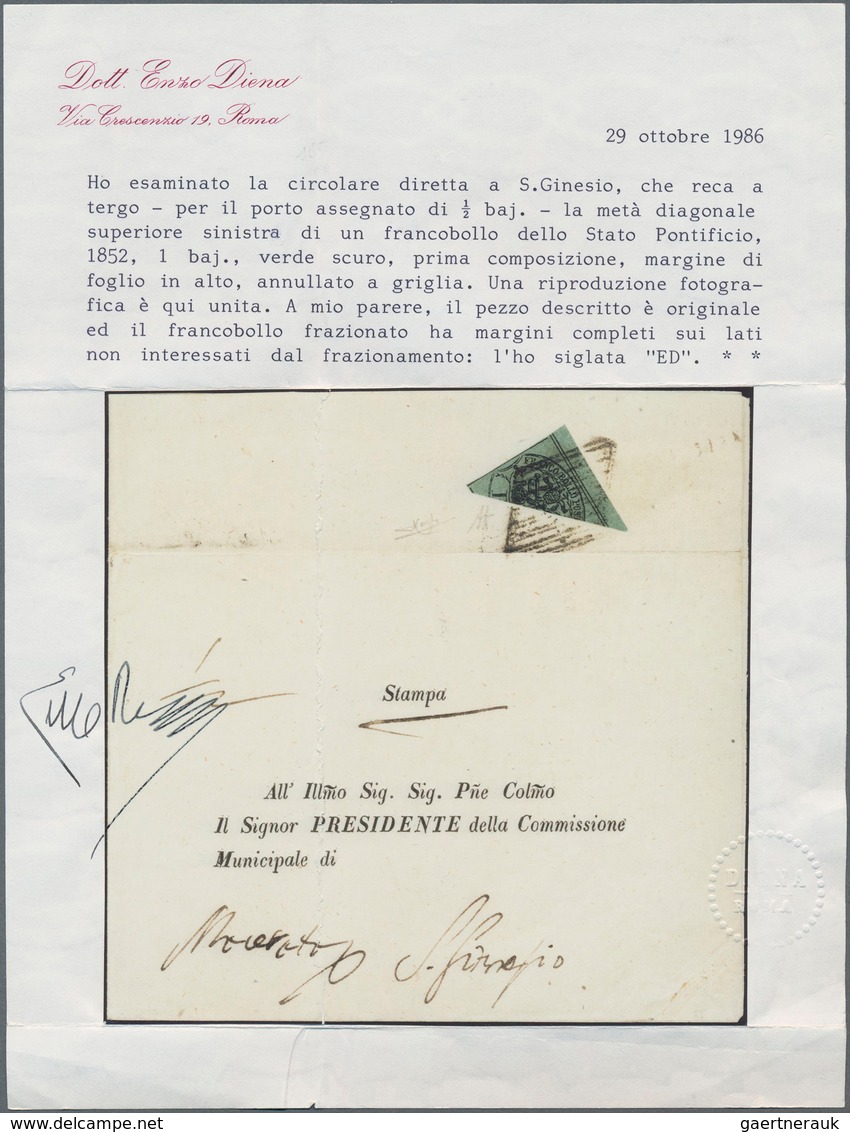 Italien - Altitalienische Staaten: Kirchenstaat: 1858, 2 Baj Black On Deep Green, Diagonally Bisecte - Stato Pontificio