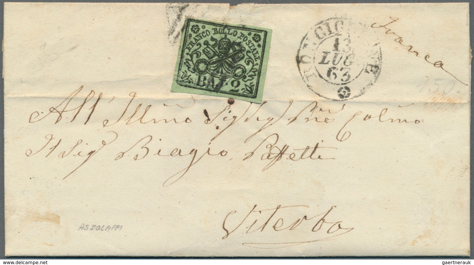 Italien - Altitalienische Staaten: Kirchenstaat: 1852, 2 Baj Black On Olive Green, Full Margins, Som - Kerkelijke Staten