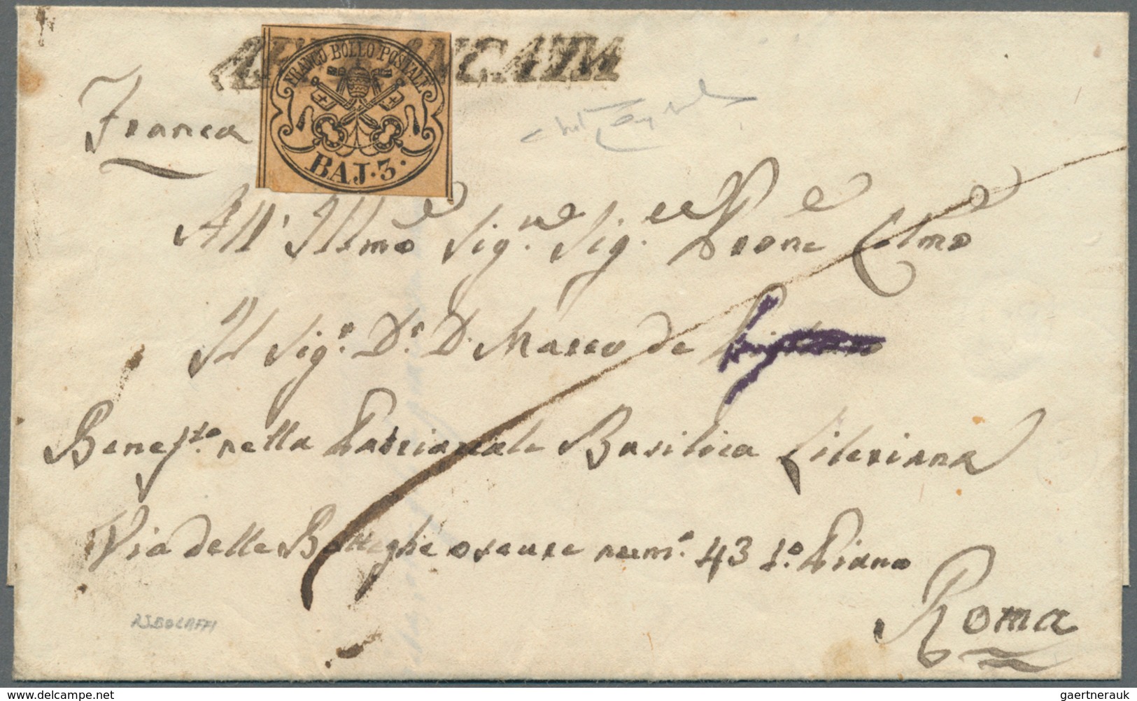 Italien - Altitalienische Staaten: Kirchenstaat: 1852, 3 Baj Black On Brown-orange, Full Margins, Ti - Kerkelijke Staten