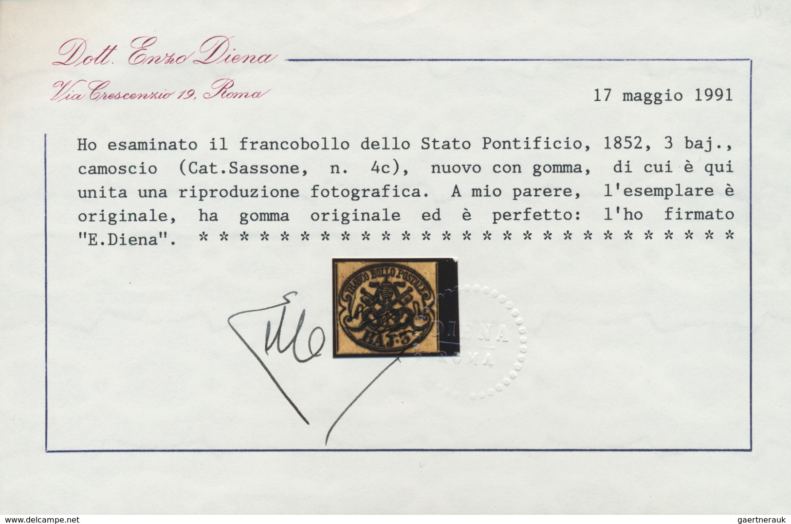 Italien - Altitalienische Staaten: Kirchenstaat: 1852, 3baj. Chamois, Fresh Colour, Good Margins Par - Stato Pontificio