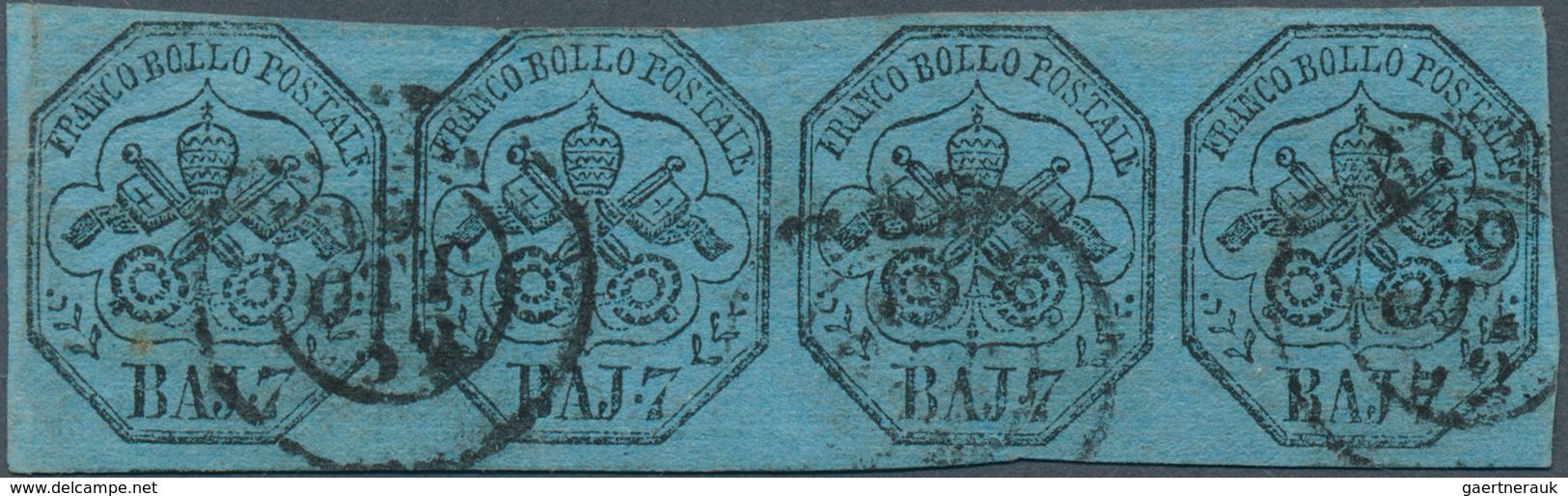 Italien - Altitalienische Staaten: Kirchenstaat: 1852, 7baj. Black On Blue, Horiz. Strip Of Four, Fr - Kerkelijke Staten