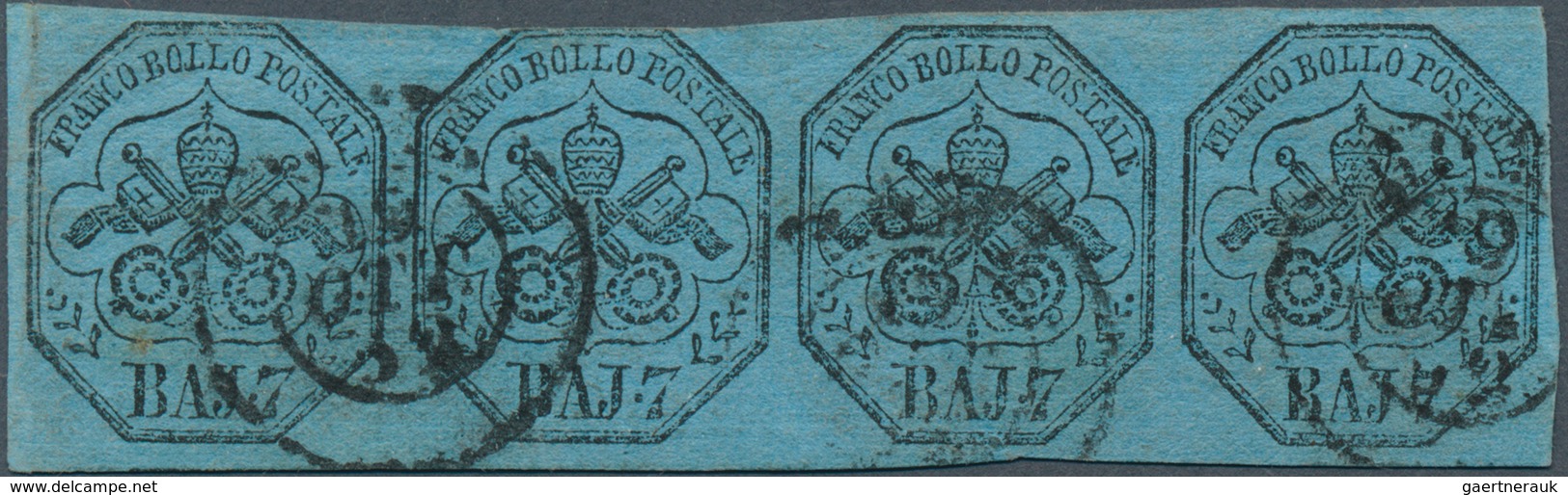 Italien - Altitalienische Staaten: Kirchenstaat: 1852, 7baj. Black On Blue, Horiz. Strip Of Four, Fr - Papal States