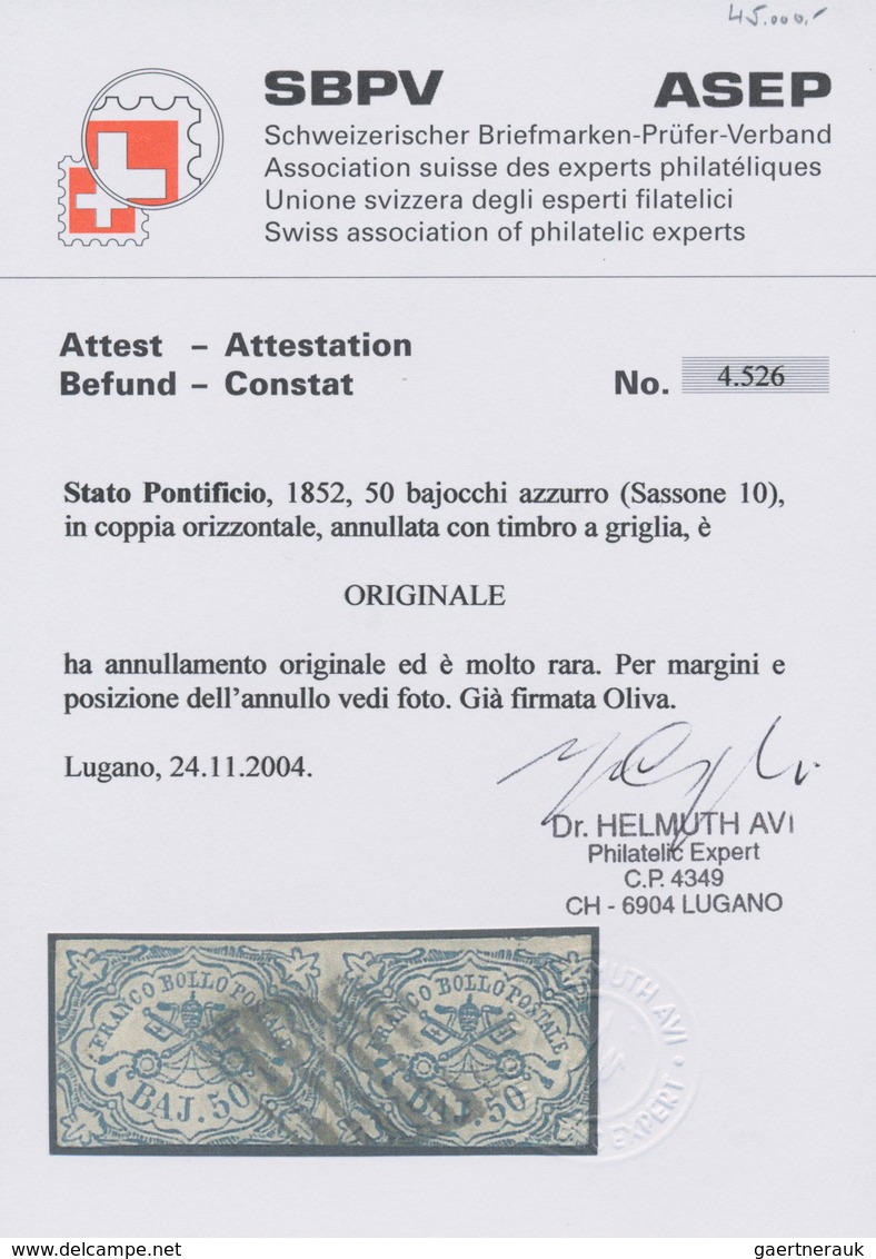 Italien - Altitalienische Staaten: Kirchenstaat: 1852: 50 Bajocchi Blue, Horizontal Pair, Cancelled - Papal States