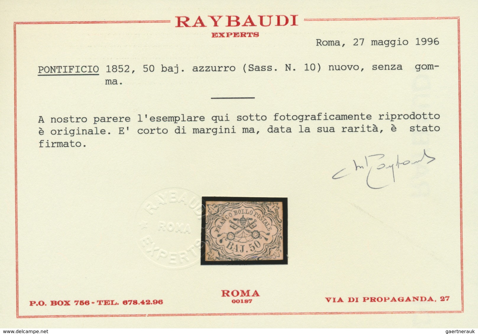 Italien - Altitalienische Staaten: Kirchenstaat: 1852, 50 Baj Blue, Fine Printing, 3 Sides Moderatel - Papal States