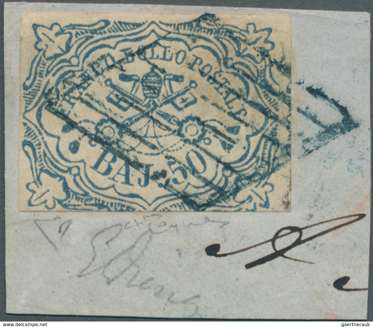 Italien - Altitalienische Staaten: Kirchenstaat: 1852, 50 Baj Blue, Fine Printing, Three Full Margin - Kerkelijke Staten