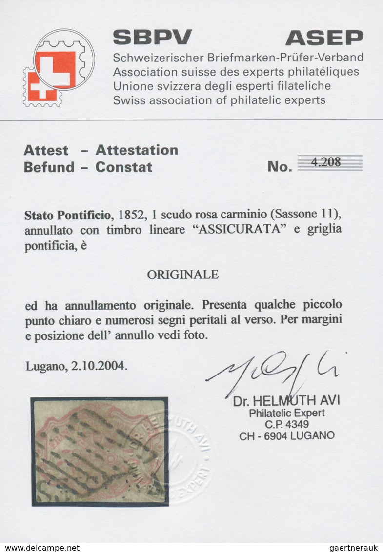 Italien - Altitalienische Staaten: Kirchenstaat: 1852, 1sc. Rose Carmine, Cut Into At Left Otherwise - Kerkelijke Staten