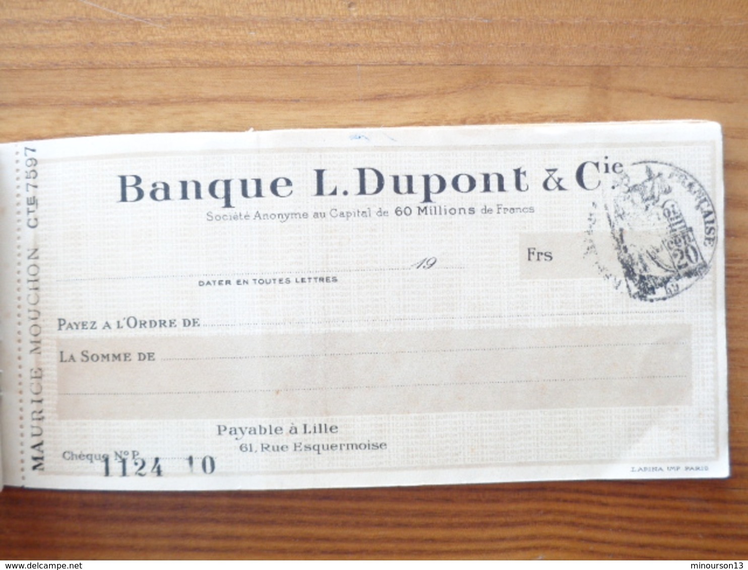 1926 - CHEQUIERS BANQUE L. DUPONT & Cie - Assegni & Assegni Di Viaggio