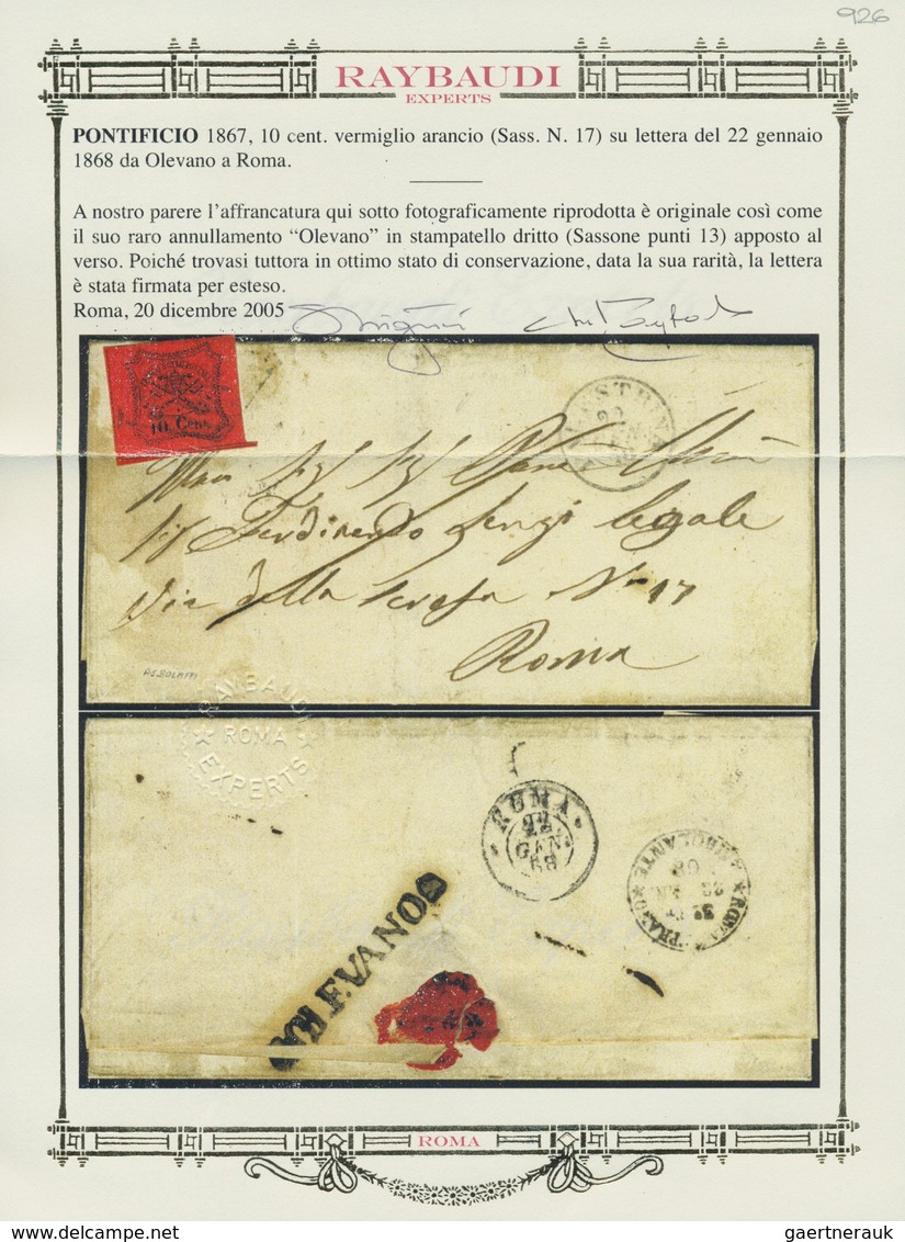 Italien - Altitalienische Staaten: Kirchenstaat: 1867, "OLEVANO", Rare Line Cancellation (Sassone 13 - Kerkelijke Staten