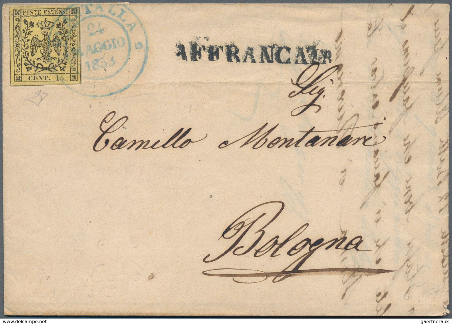 Italien - Altitalienische Staaten: Modena: 1852, 15 C Black On Yellow, Full Margins, Tied By Blue Do - Modena