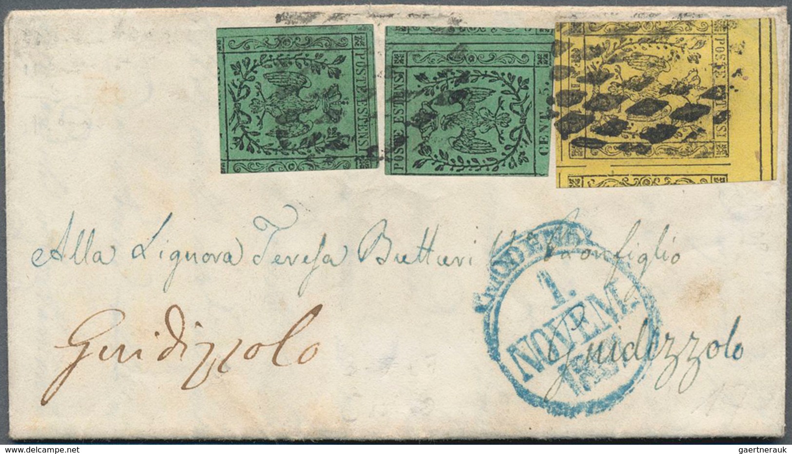 Italien - Altitalienische Staaten: Modena: 1852, 2 X 5 C Black On Green And 15 C Black On Yellow, Ea - Modène