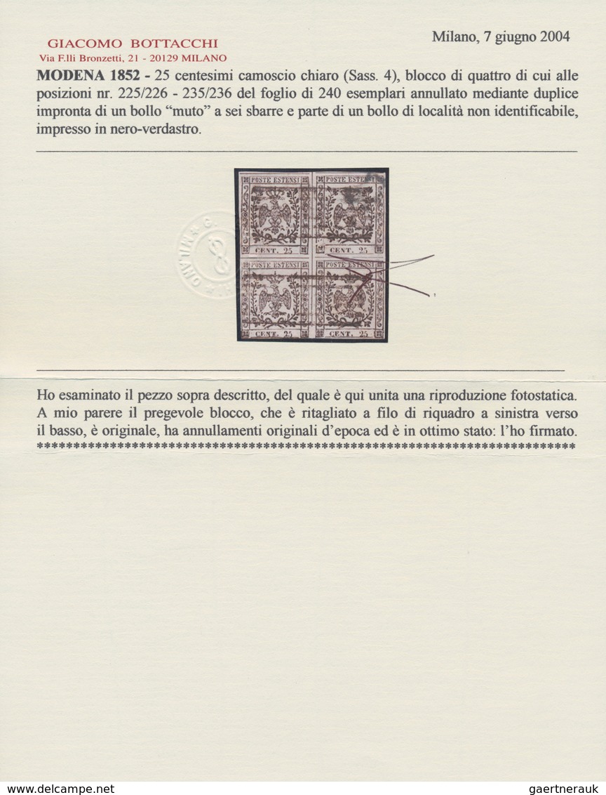 Italien - Altitalienische Staaten: Modena: 1853, 25 Centesimi Light Yellow, Block Of Four, Positions - Modena