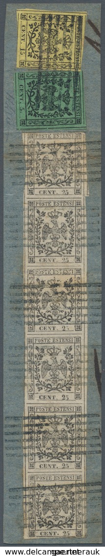 Italien - Altitalienische Staaten: Modena: 1852: 25 Cent Black On Chamois, Vertical Strip Of 6, Toge - Modena