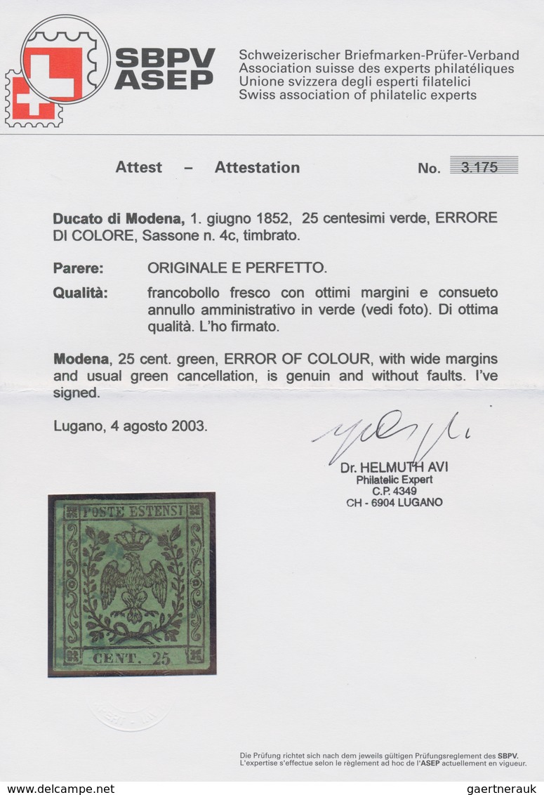 Italien - Altitalienische Staaten: Modena: 1852, 25 Cents Green, COLOR ERROR, Cancelled, Fresh Stamp - Modena