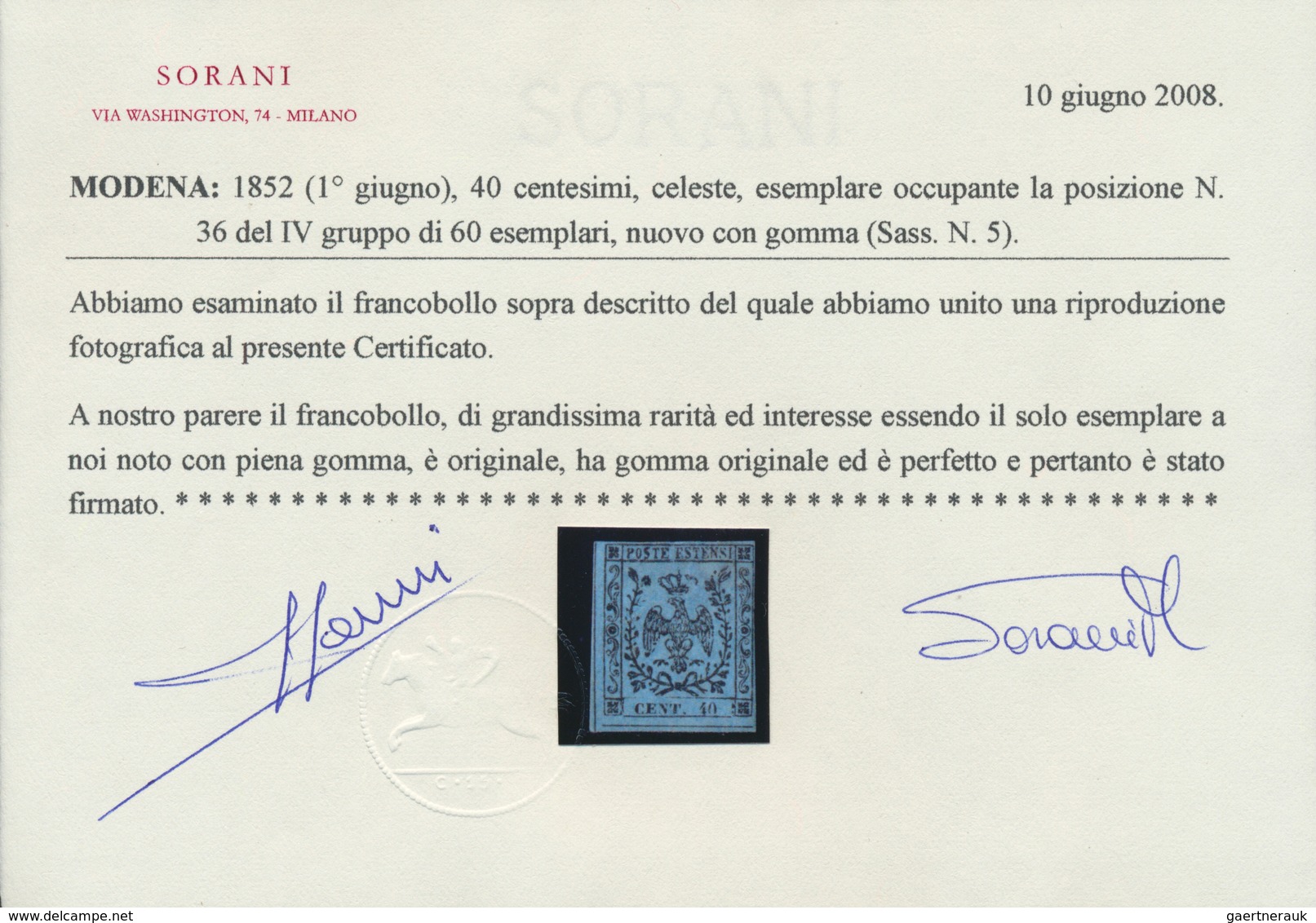 Italien - Altitalienische Staaten: Modena: 1852, 40 Centesimi Black On Pale Blue ("celeste") With Fu - Modena