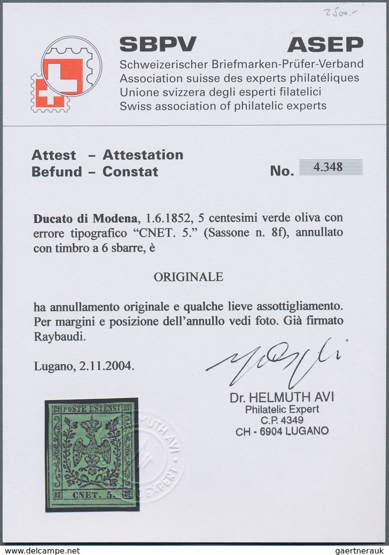 Italien - Altitalienische Staaten: Modena: 1852, 5c. Black On Green "with Point" Showing Error Of Se - Modena