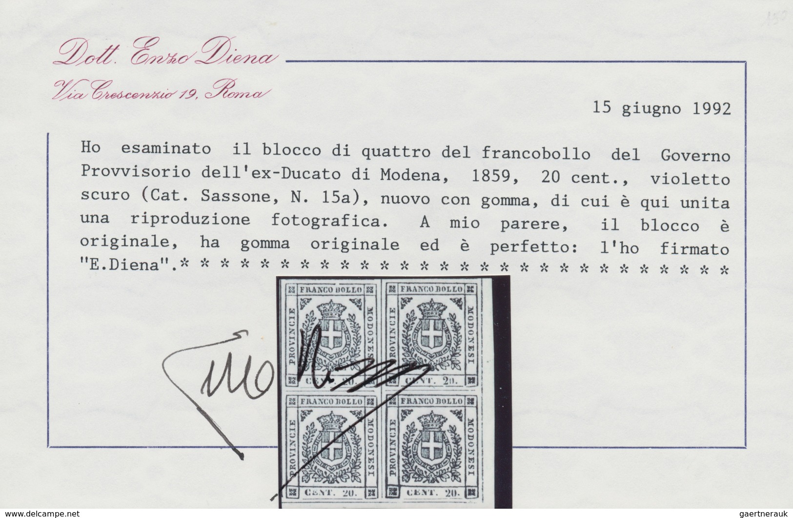 Italien - Altitalienische Staaten: Modena: 1859, 20 Cents Dark Violet, Block Of Four, Mint With Gum, - Modena