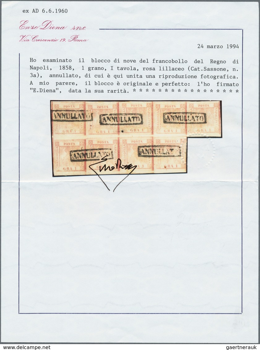 Italien - Altitalienische Staaten: Neapel: 1858, 1 Gr Lila Rosa, Plate 1, Horizontal Block Of 9, Ful - Naples