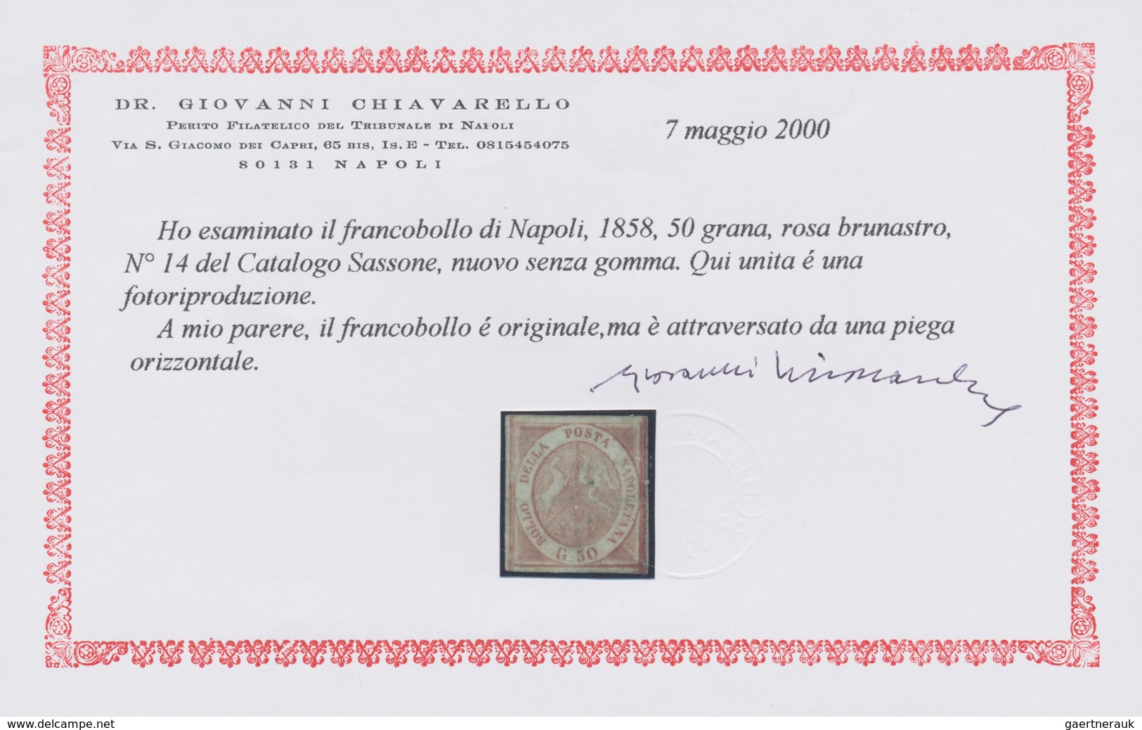 Italien - Altitalienische Staaten: Neapel: 1858, 50 Grana, Rose Brown, Unused Without Gum, Crossed B - Napoli