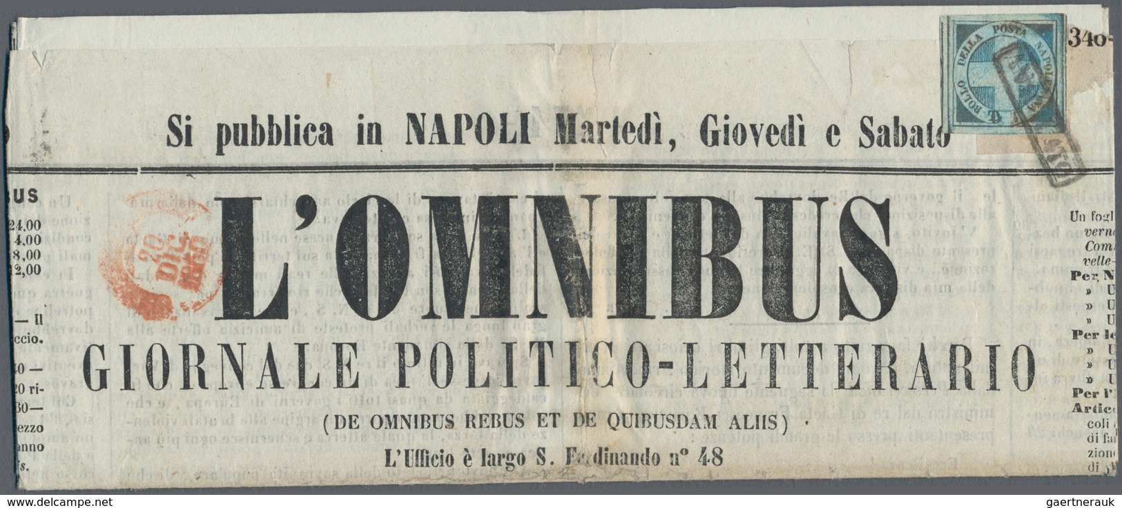 Italien - Altitalienische Staaten: Neapel: 1860, 1/2 Tornese Blue "Cross Of Savoy" Used On Newspaper - Napoli