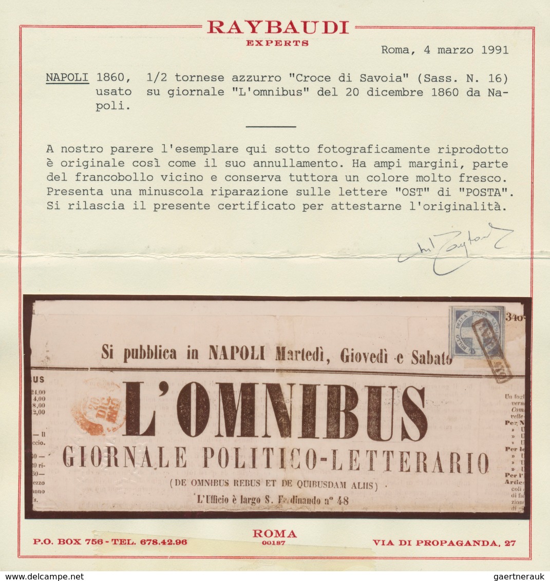 Italien - Altitalienische Staaten: Neapel: 1860, 1/2 Tornese Blue "Cross Of Savoy" Used On Newspaper - Napoli