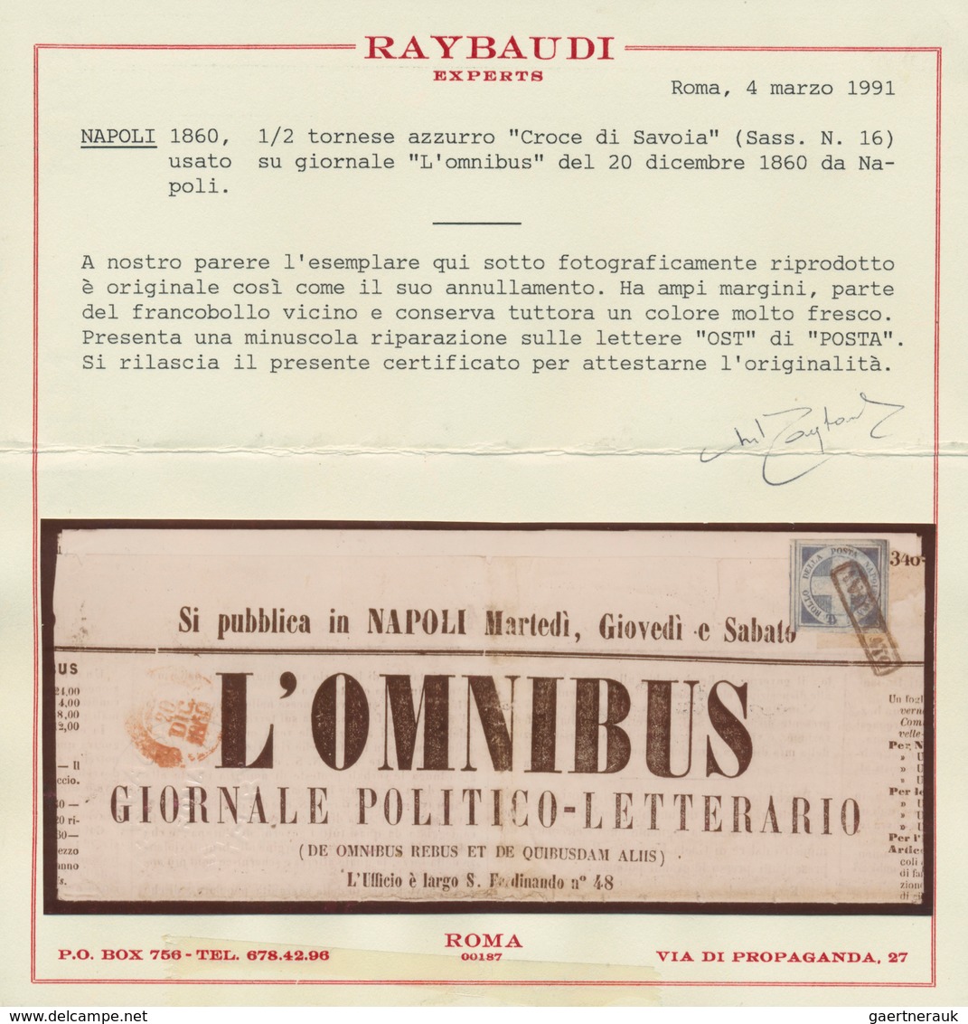 Italien - Altitalienische Staaten: Neapel: 1860, 1/2 Tornese Blue "Cross Of Savoy" Used On Newspaper - Naples