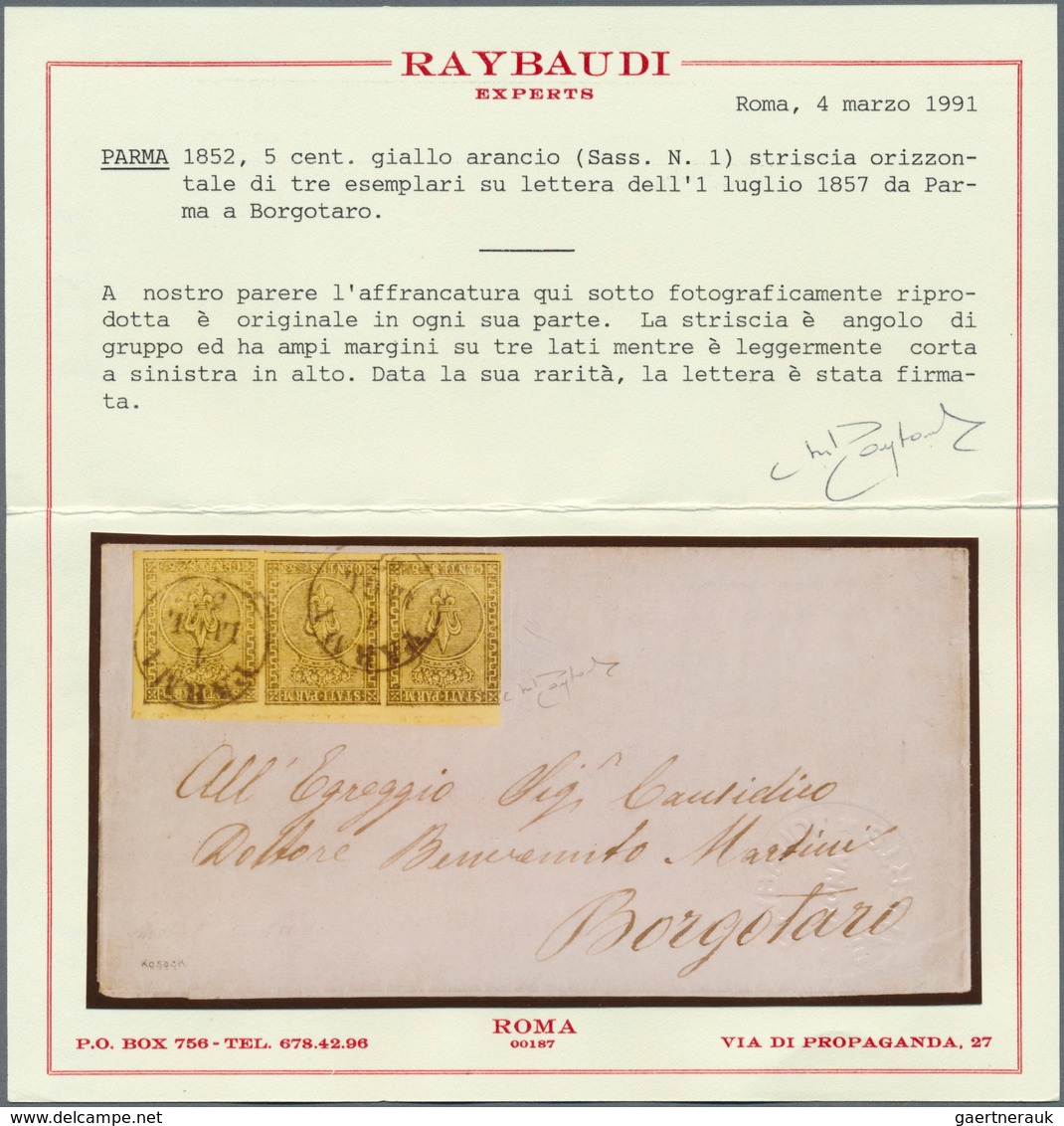 Italien - Altitalienische Staaten: Parma: 1852, 5 C Black On Yellow, Horizontal Strip Of Three, Almo - Parma