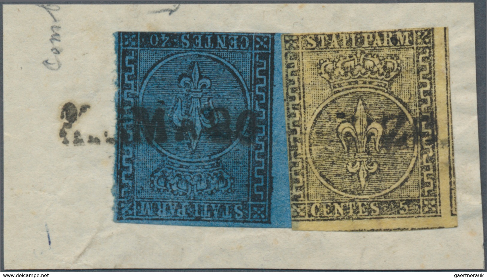 Italien - Altitalienische Staaten: Parma: 1852, 5c. Black On Yellow And 40c. Black On Blue, Both Fre - Parma