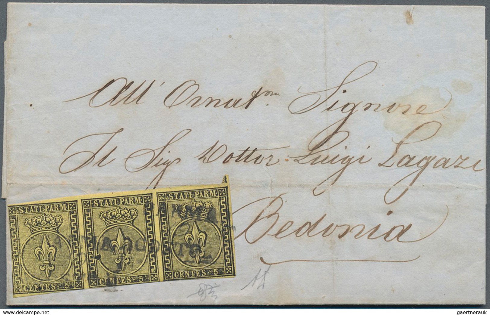 Italien - Altitalienische Staaten: Parma: 1852, 5 C Black On Yellow, Horizontal Strip Of 3, Slightly - Parme