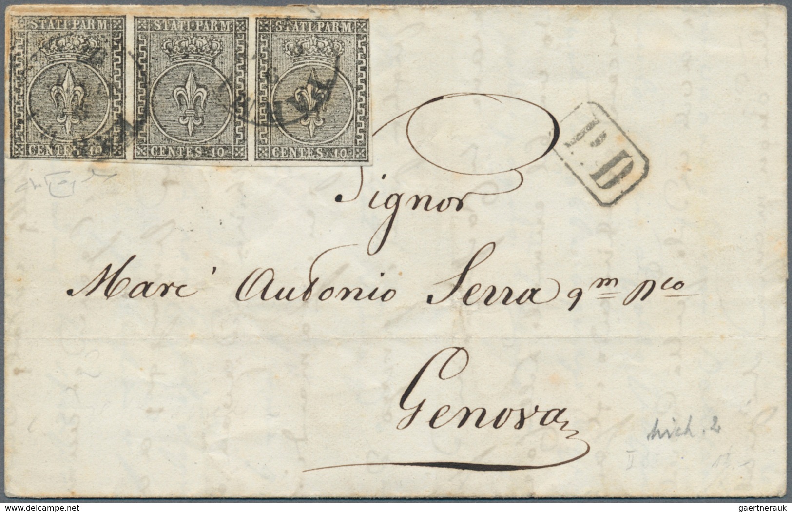 Italien - Altitalienische Staaten: Parma: 1852, 10 C Black On White, Horizontal Strip Of Three, Clos - Parma