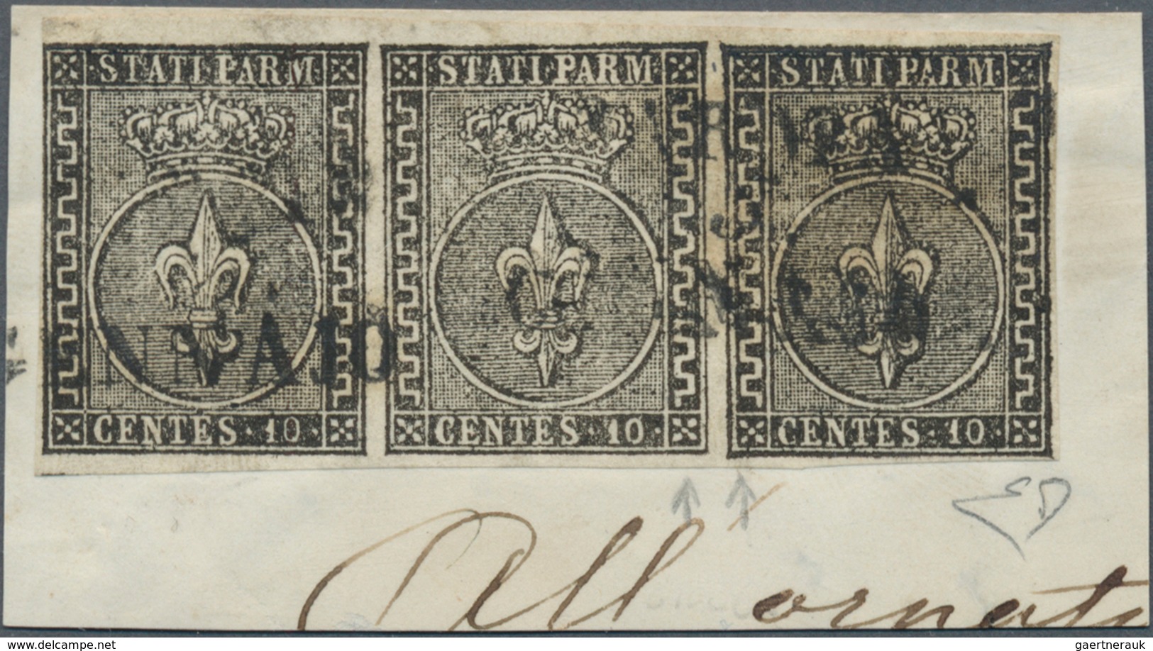 Italien - Altitalienische Staaten: Parma: 1852, 10c. Black On White, Horizontal Strip Of Three, Fres - Parme