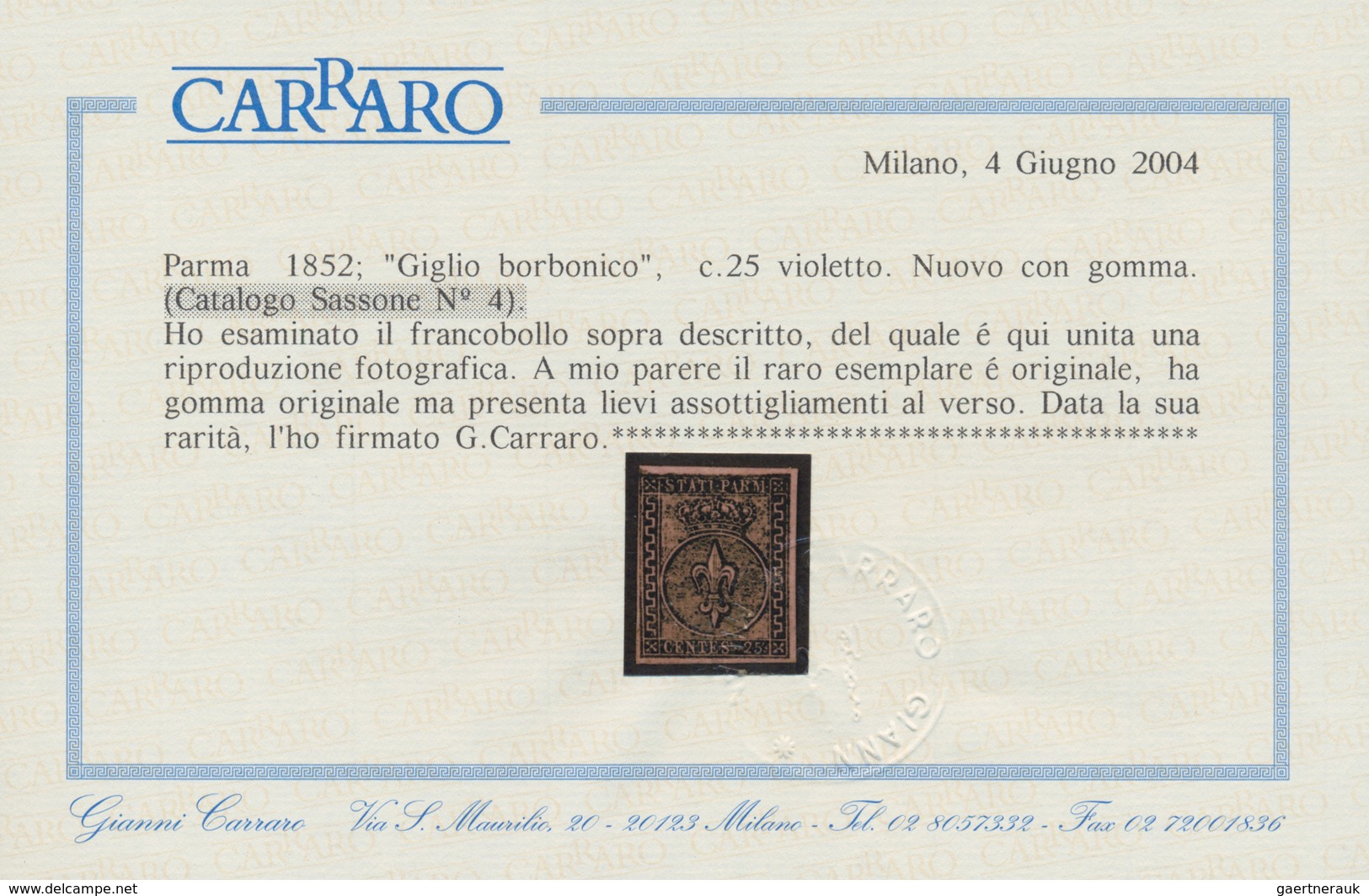 Italien - Altitalienische Staaten: Parma: 1852, 25 Centesimi Violet, Unsued With Gum, Slight Thinnin - Parma