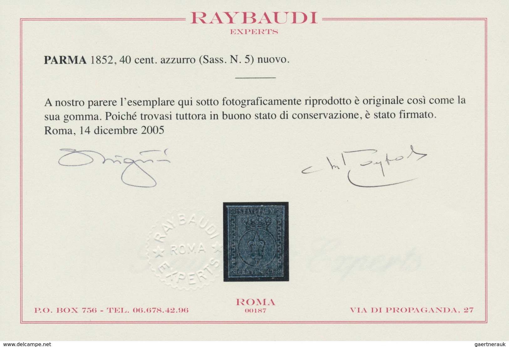 Italien - Altitalienische Staaten: Parma: 1852: 40 Cents Black On Blue, Mint With Original Gum. Rayb - Parma