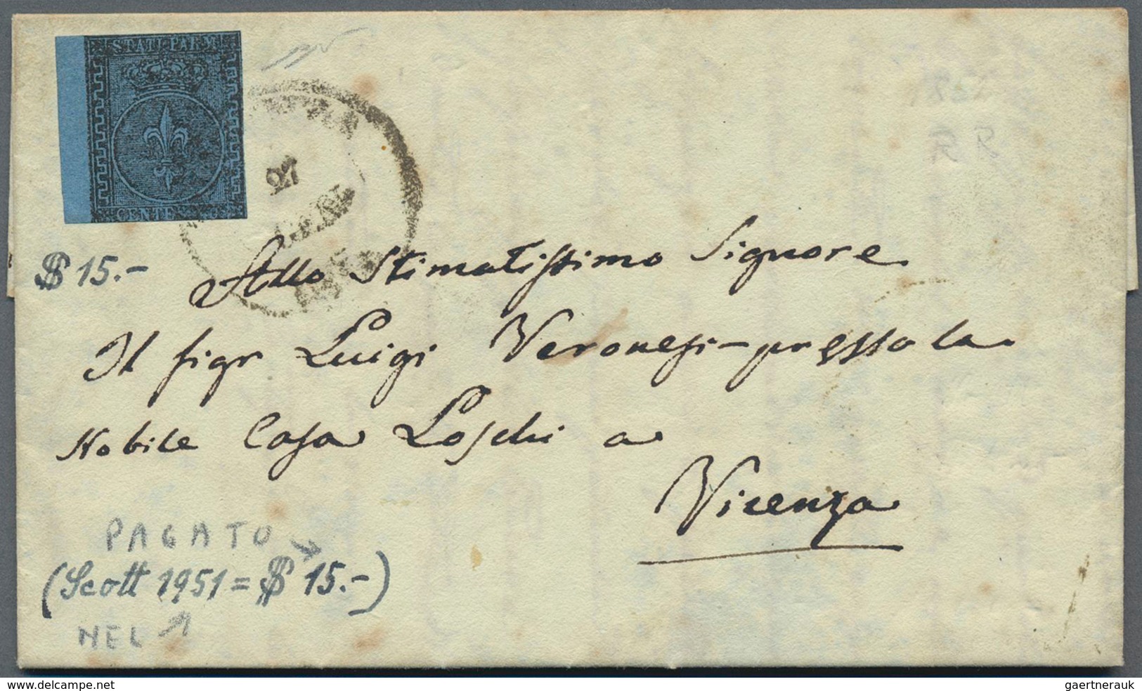 Italien - Altitalienische Staaten: Parma: 1852, 40 C Black On Blue, Three Sides Sligtly Touched And - Parma