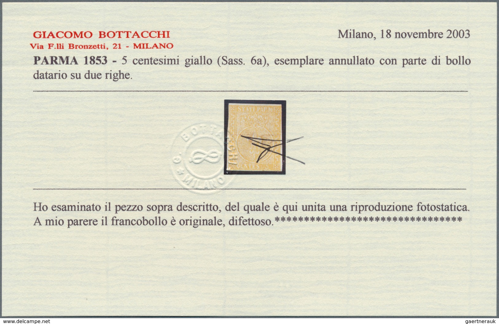 Italien - Altitalienische Staaten: Parma: 1853, 5c. Yellow, Bright Colour, Close To Full Margins, Ho - Parma