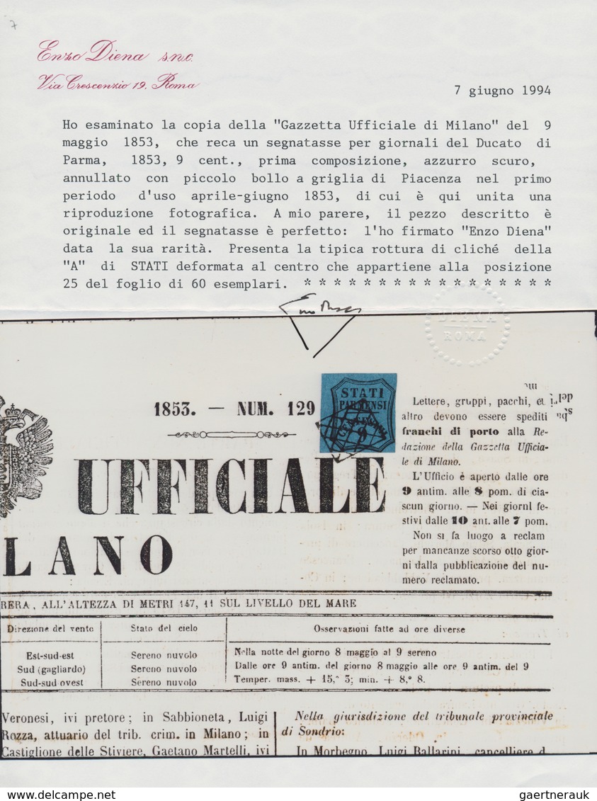 Italien - Altitalienische Staaten: Parma - Zeitungsstempelmarken: 1853, Postage Due For Newspapers, - Parma