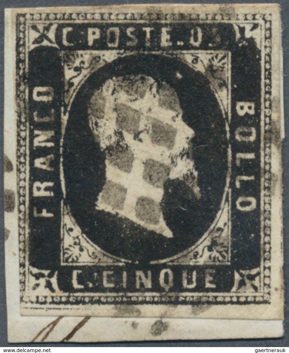 Italien - Altitalienische Staaten: Sardinien: 1851, 5 C Black, Three Margins, Lower Left Side Even T - Sardinië