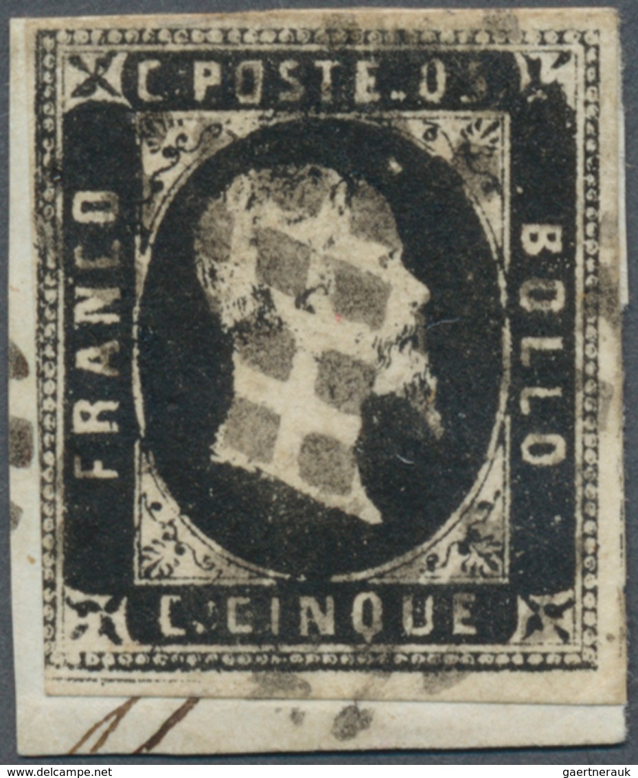 Italien - Altitalienische Staaten: Sardinien: 1851, 5 C Black, Three Margins, Lower Left Side Even T - Sardegna