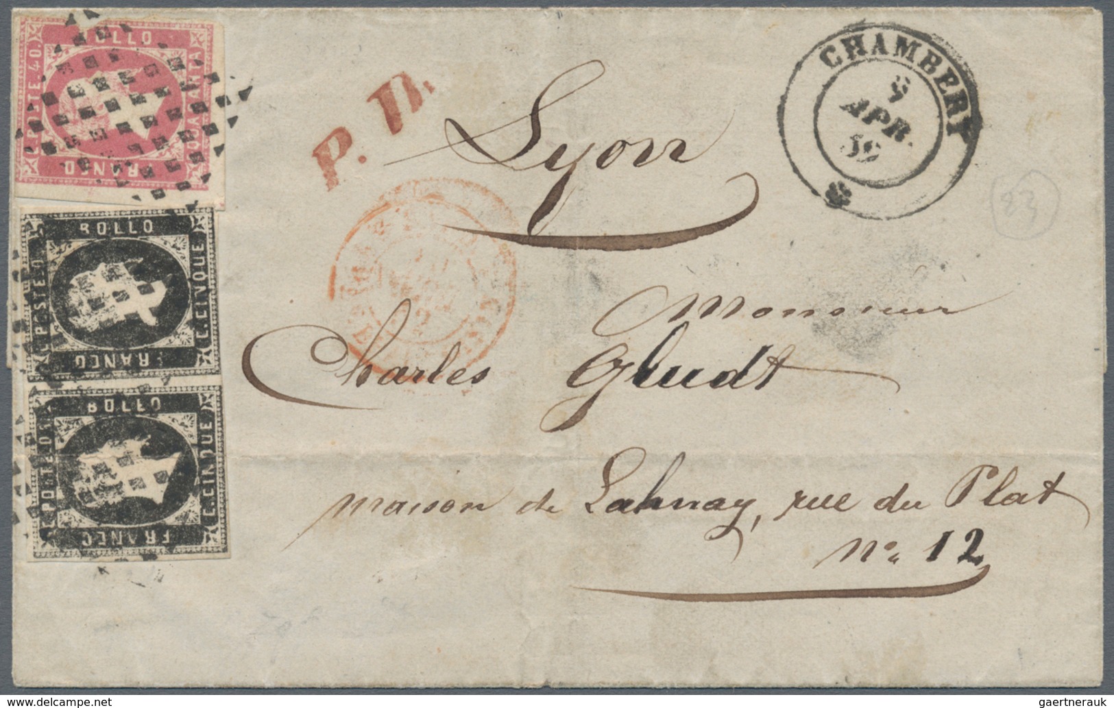 Italien - Altitalienische Staaten: Sardinien: 1852, Pair Of 5 Cents Black And 40 Cents Pink (defecti - Sardinië