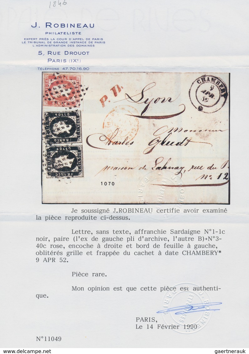 Italien - Altitalienische Staaten: Sardinien: 1852, Pair Of 5 Cents Black And 40 Cents Pink (defecti - Sardinië