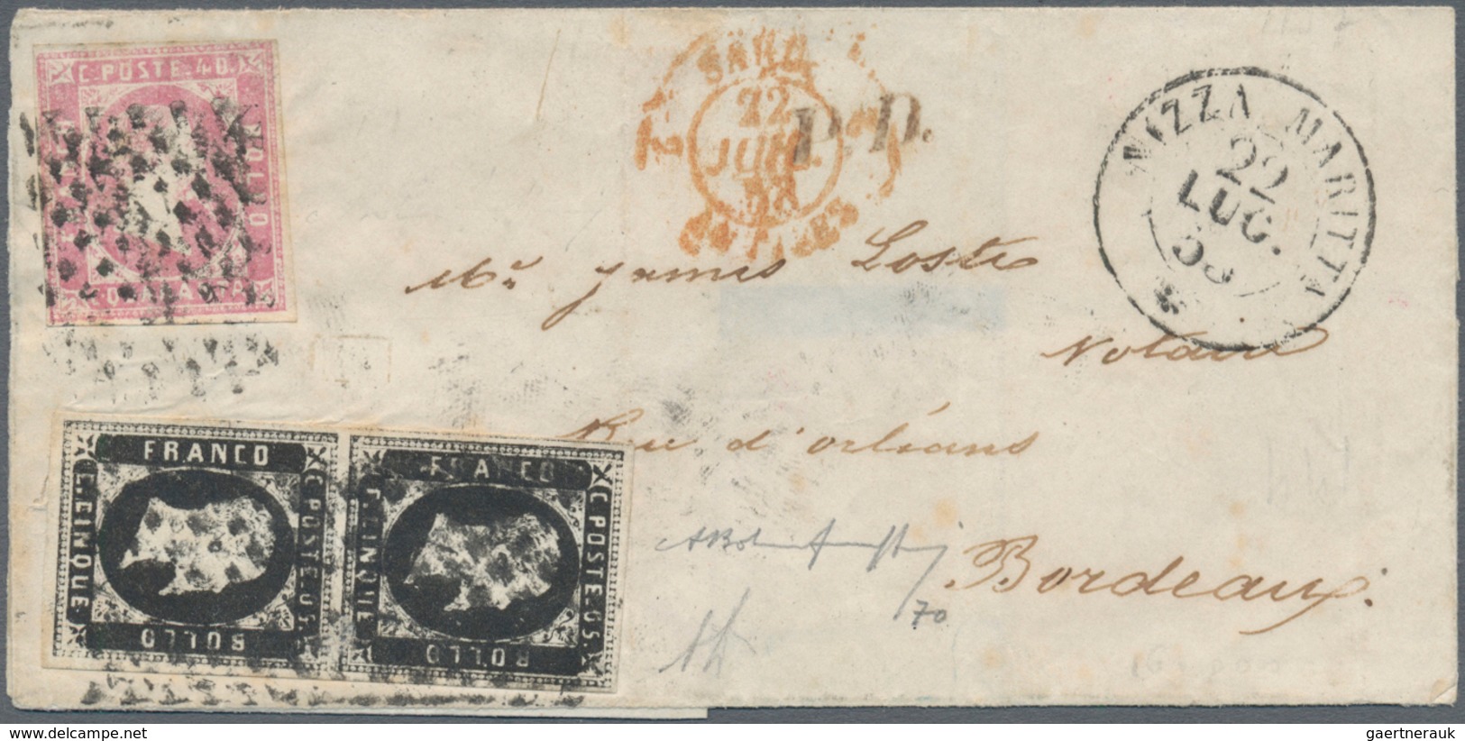 Italien - Altitalienische Staaten: Sardinien: 1852: 5 Cent. Black Nero, Verticale Pair And 40 Cent L - Sardinië