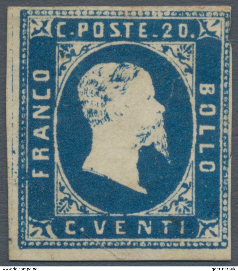 Italien - Altitalienische Staaten: Sardinien: 1851, 20c. Blue, Deep Intense Colour, Cut Into At Uppe - Sardegna