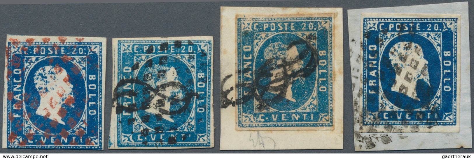 Italien - Altitalienische Staaten: Sardinien: 1851, 20 C Blue, Group With 4 Used Stamps (2 On Piece) - Sardegna