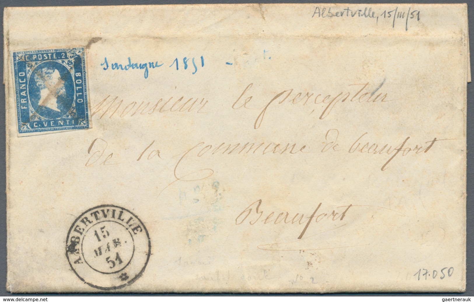 Italien - Altitalienische Staaten: Sardinien: 1851, 20 Cents Blue, On A Letter Dated March 15, 1851 - Sardegna