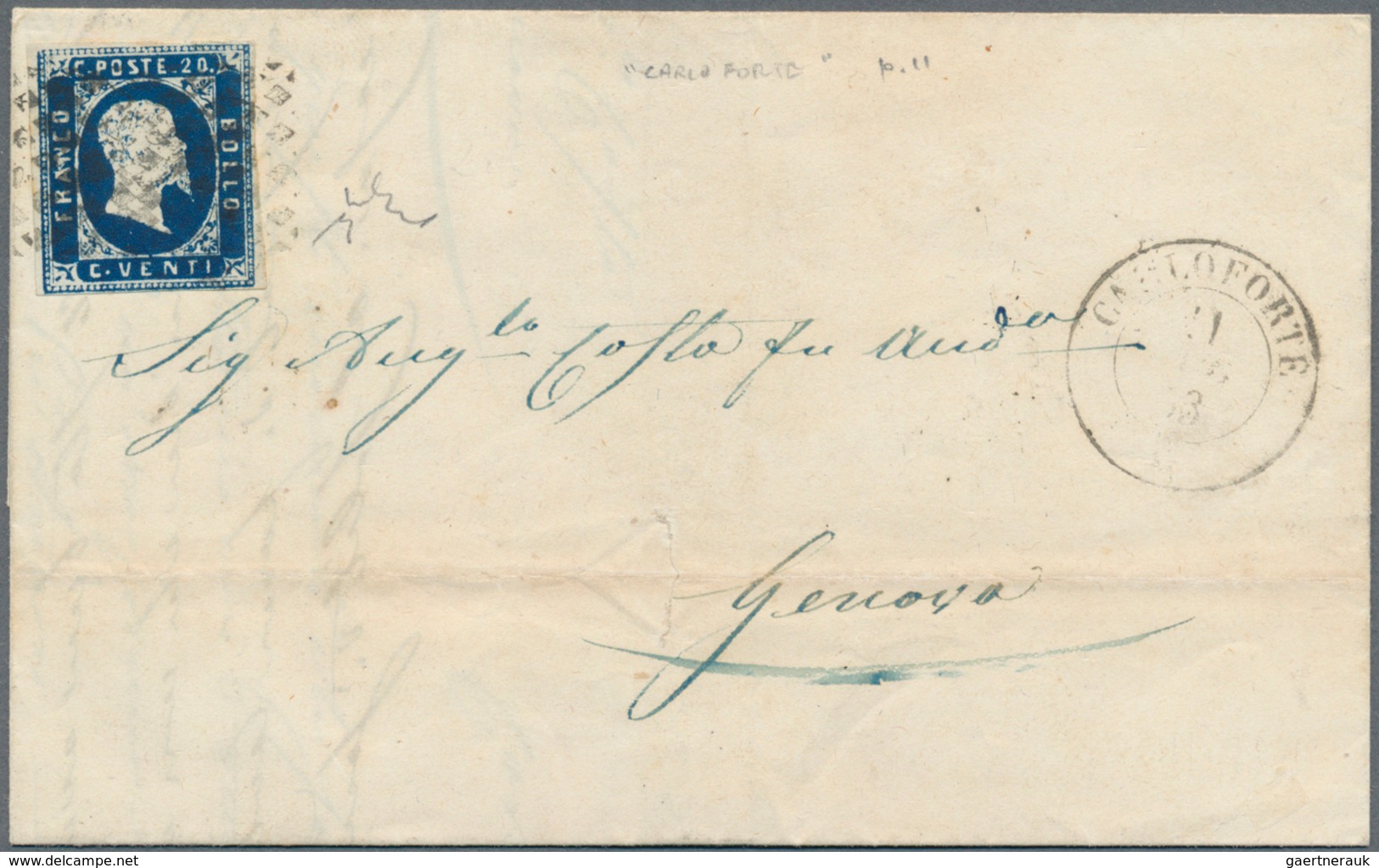 Italien - Altitalienische Staaten: Sardinien: 1851, 20 C Blue, Close To Full Margins, Tied By Dotted - Sardegna