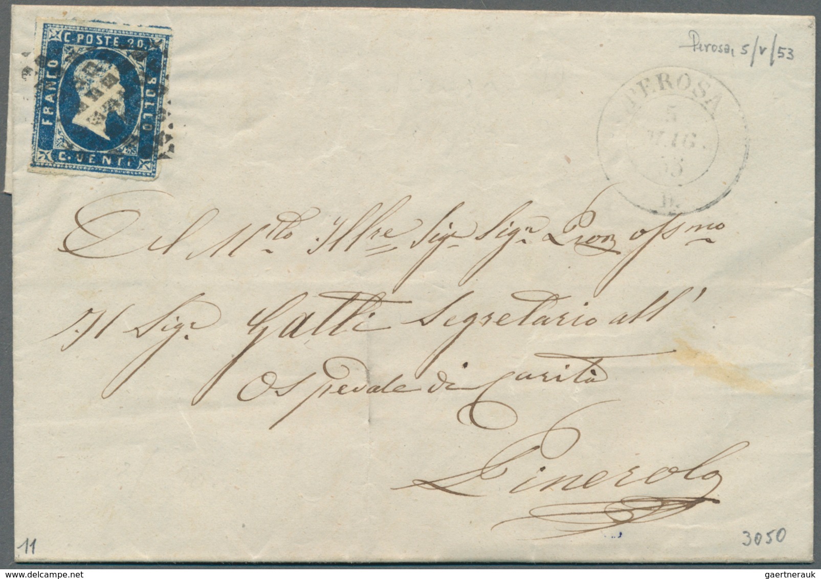 Italien - Altitalienische Staaten: Sardinien: 1851, 20 C Blue, Three Margins, Slightly Touched At Le - Sardinia